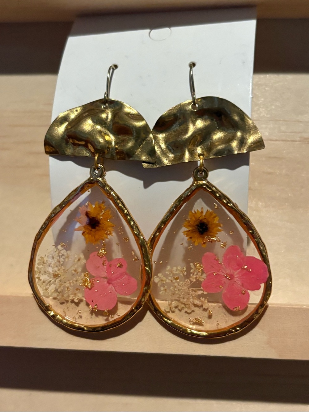 Handmade Gold Teardrop Resin Earrings with Pink and Yellow Floral Inlay